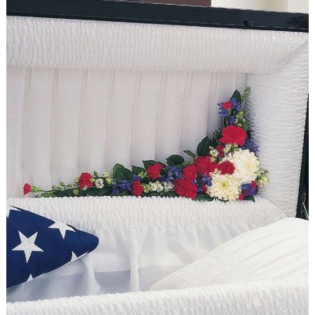 Red, white and blue patriotic funeral casket hinge adornment flower arrangement