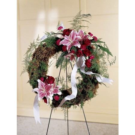 Rustic style funeral wreath with Pink lilies and red roses