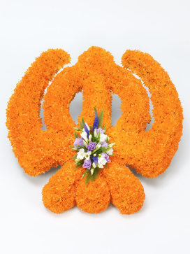 Sikh Khanda Symbol Funeral Flower Arrangement with Orange Chrysanthemums and Freesias